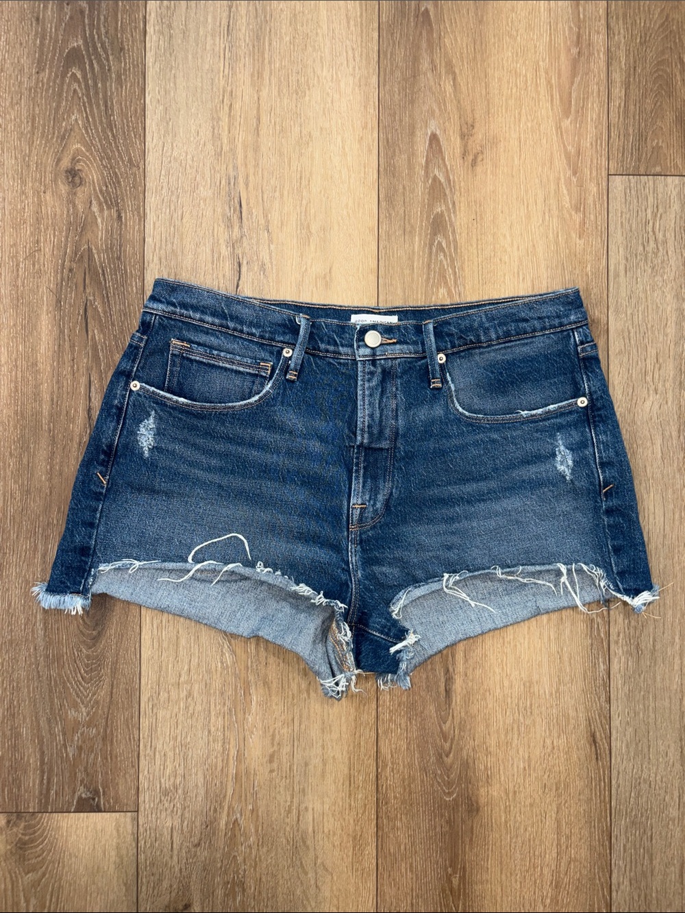 Good American Dark Blue Distressed Frayed Hem Jean Shorts